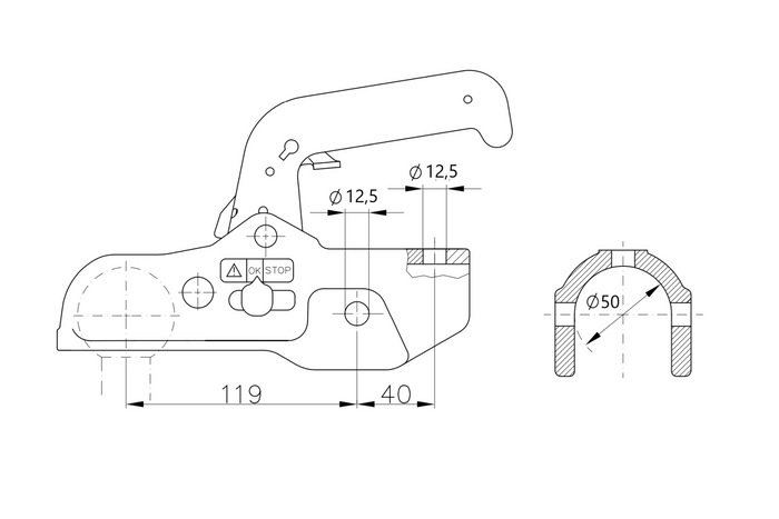 Enganche de bola WINTERHOFF WW 350-RB-K1212 para remolque de 3500 kg con barra de tiro de tubo de 50 mm, hierro fundido.