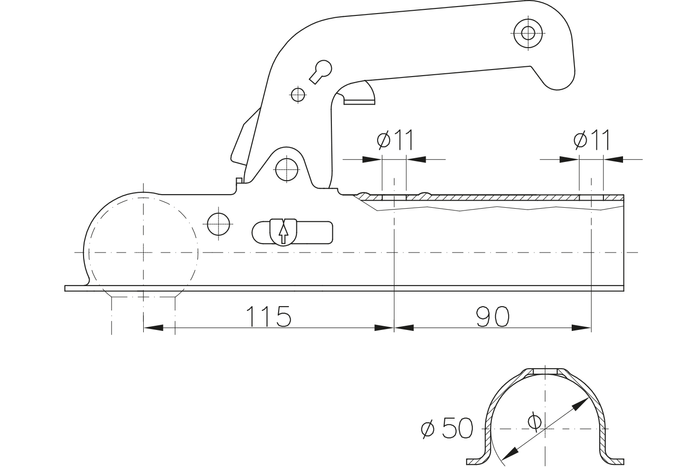 Enganche de bola WINTERHOFF WW8-A para remolque de 800kg con lanza tubular de 50mm