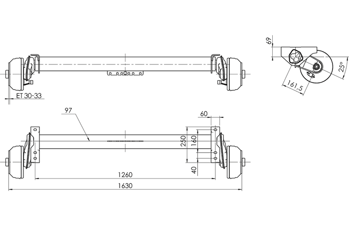 AL-KO COMPACT eje frenado para remolque / grúa 1350kg 1260mm 1630mm 5x112