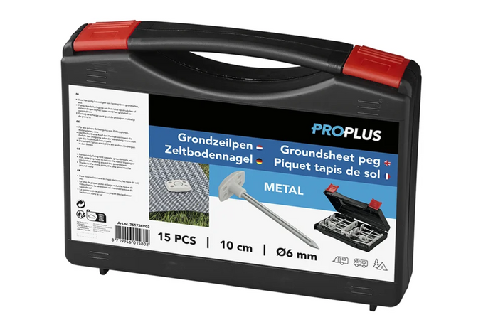 Juego de estacas para tienda de campaña ProPlus 361736V02, estacas metálicas en caja, 15 unidades.
