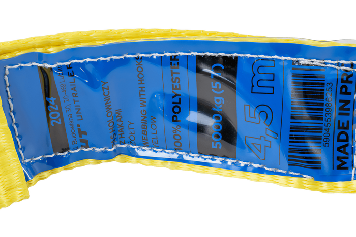 Cuerda de remolque con ganchos UNITRAILER correa de remolque 4,5m/50mm/5t amarilla