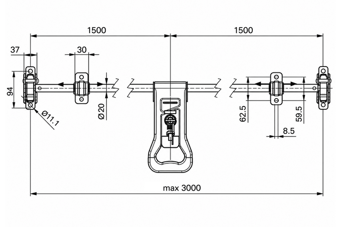 Perno de bloqueo para remolque portacontenedores STEELPRESS ZD-03 V.3, cerradura de puerta de 3000 mm