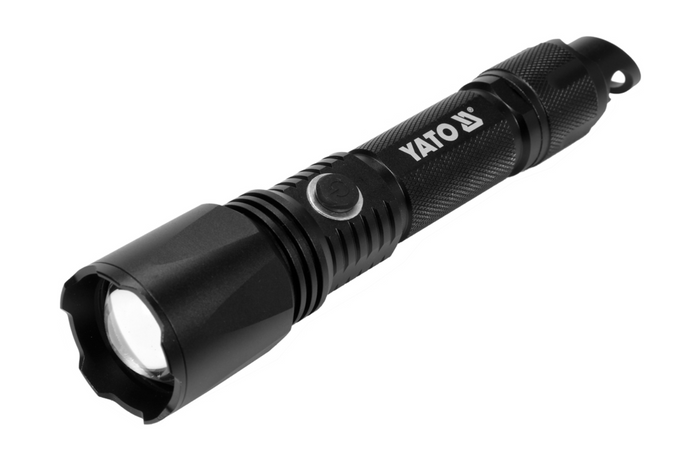 Linterna LED multifunción YATO YT-085609 de 900 lm, batería externa, abridor de botellas y martillo de emergencia.