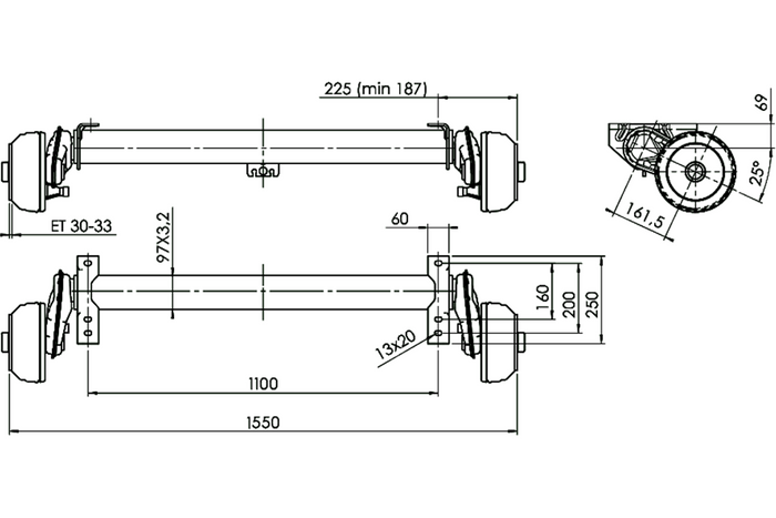 Eje con freno AL-KO COMPACT para remolque/transportador 1350 kg 1100 mm 1550 mm 5x112