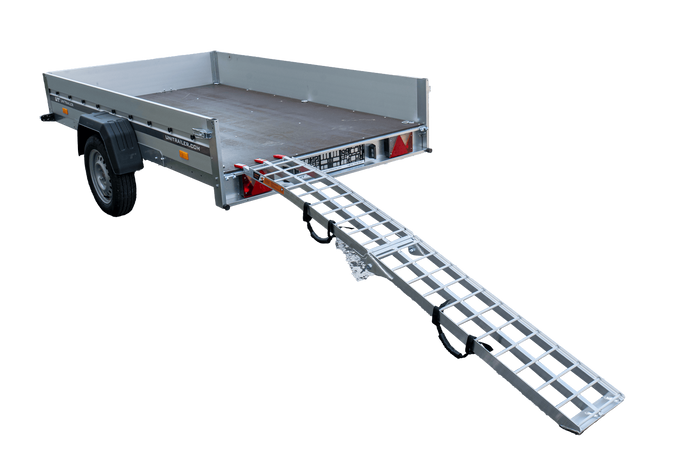 Rampa plegable UNITRAILER ALR002 de aluminio para remolque de 221 cm y 340 kg con correa.