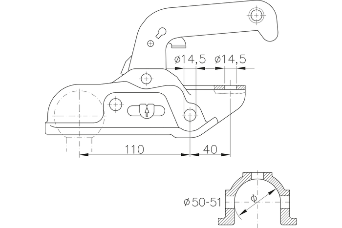 Enganche de bola WINTERHOFF WW30-D3-K1414 para remolque de 3000 kg con barra de tiro tubular de 50 mm, hierro fundido