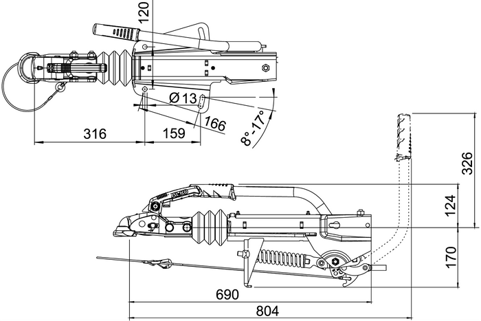 Dispositivo de inercia AL-KO 161S con enganche AK161 para remolque de 1600kg con lanza en V