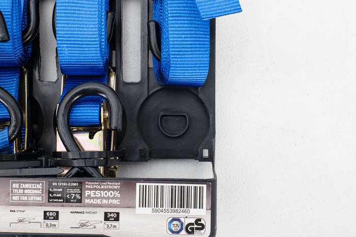 Juego de cuatro correas de transporte UNITRAILER con tensor, 4 m/25 mm/0,68 t, color azul