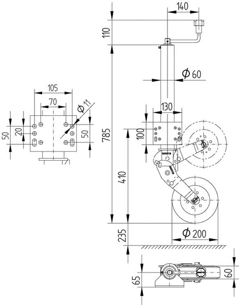 Rueda jockey automática KNOTT ATK60 con manija 250 kg 60 mm 785-1020 mm