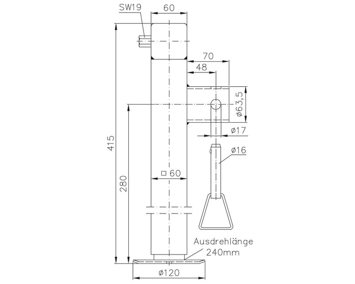 Soporte de manivela extensible WINTERHOFF SF60-19-280 para remolque de plataforma de 1300 kg 415-655 mm