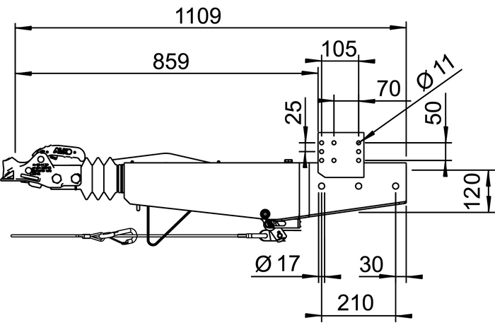 Dispositivo de inercia AL-KO 2.8VB1 con enganche AK351 para remolque de 3500 kg con lanza cuadrada