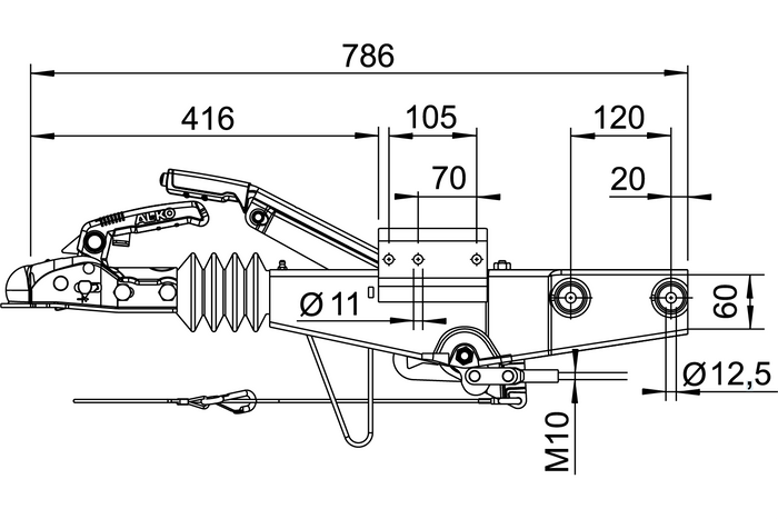 Dispositivo de inercia AL-KO 60S/2 con enganche AK161 para remolque de 750 kg con lanza cuadrada