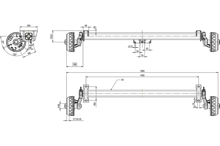 KNOTT VGB13 eje frenado para remolque / grúa 1350kg 1400mm 1850mm 5x112