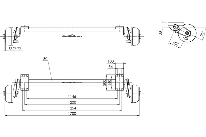 AL-KO COMPACT eje con freno para remolque de barco 1000kg 1146/1254mm 1700mm 5x112