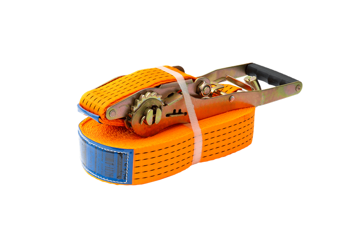 Cinta transportadora UNITRAILER ERGO de 12 m/50 mm/5 t de color naranja con tensor.