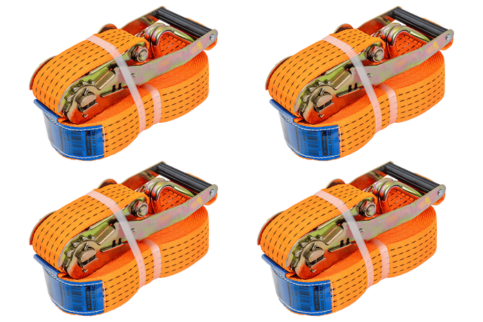 Juego de cuatro correas de transporte UNITRAILER de 10 m/50 mm/5 t de color naranja con tensor.