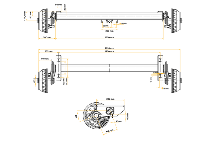 Eje con freno KNOTT VGB18MV para remolque/transportador de vehículos 1800 kg 1750 mm 2220 mm 5 x 112