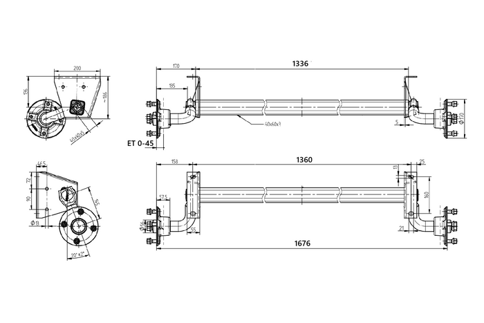 Eje sin freno KNOTT VG7-L para remolque de 750 kg, 1360 mm, 1676 mm, 4x130