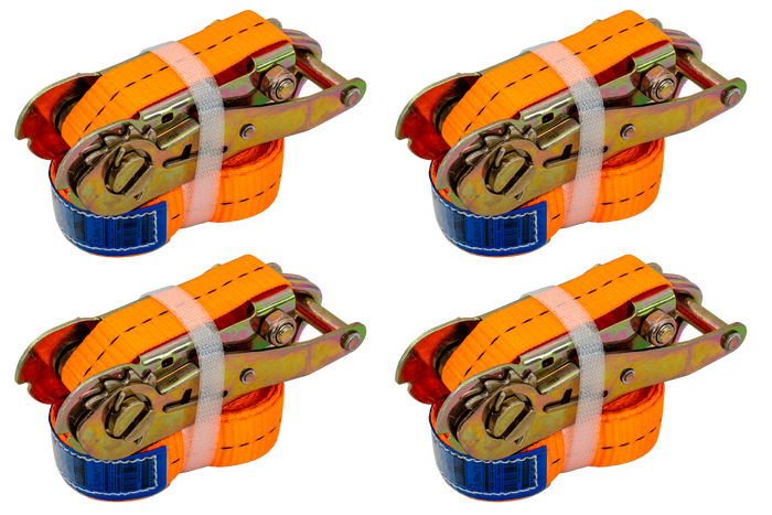 Juego de cuatro correas de transporte UNITRAILER de 4 m/25 mm/1 t de color naranja con tensor.