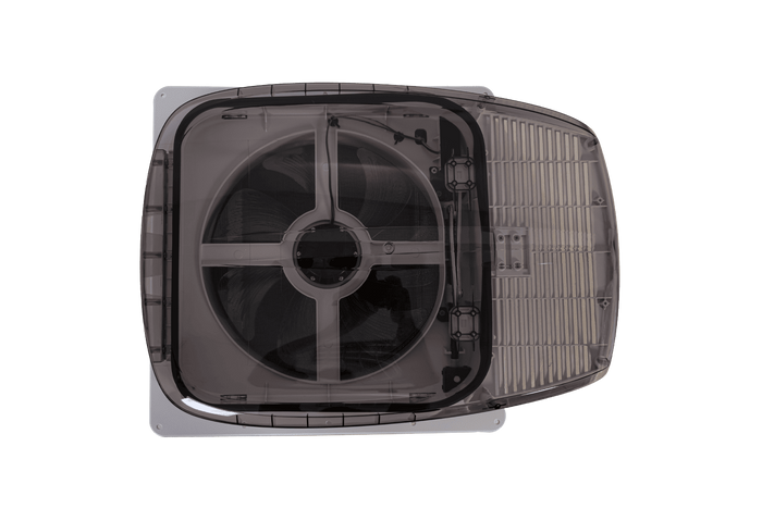 Ventilador de techo automático PUNDMANN PLUS FAN para autocaravana con iluminación y persiana enrollable de 400×400 mm.